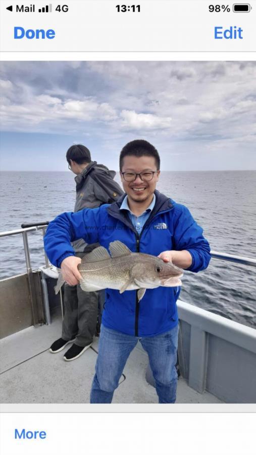 5 lb Cod by Chinese lad on feathers & squid