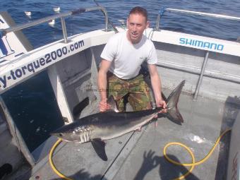 63 lb Porbeagle by Charlie Woof from Kirby Moorside North Yorks.